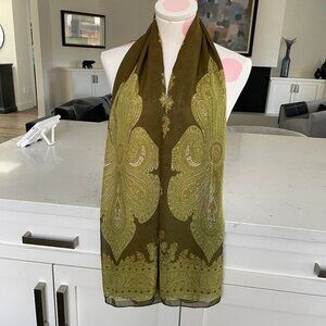 Vintage Sheer Paisley Print Scarf Olive Green White Tan No Tags Sz OS - no tags